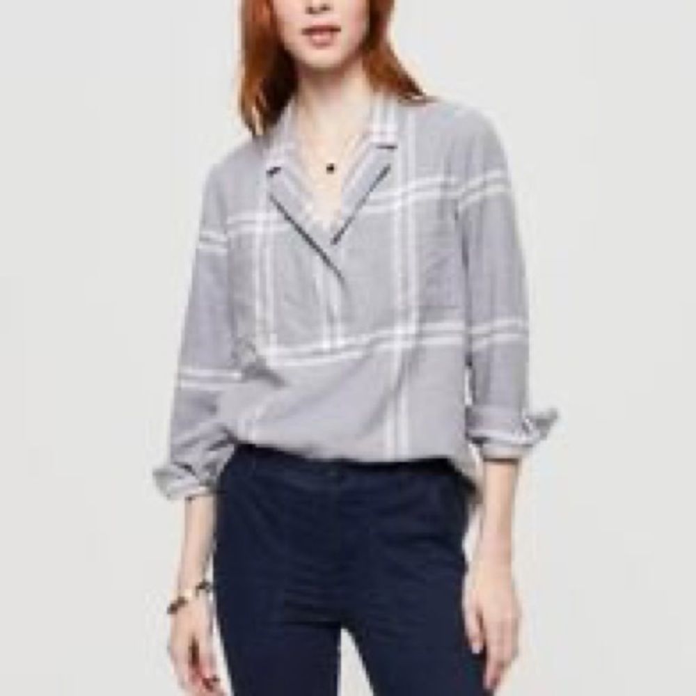 Anthropologie Gray & White Plaid Relaxed Button-Down - Picture 6 of 8